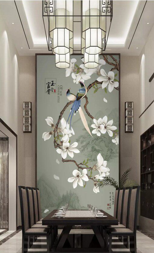 8d新中式玄关背景墙壁纸梅花别墅屏风隔断过道墙纸5d壁画花鸟墙布