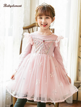 Girls new autumn dress Childrens pink long-sleeved early autumn Western style puffy yarn princess dress winter skirt