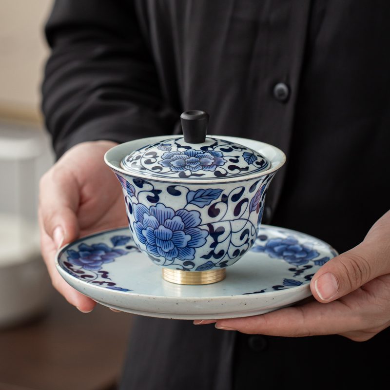 Jingdezhen blue and white porcelain tureen single is not a hot Japanese antique kunfu tea tureen high three tureen tea cups