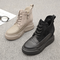 European Standing Women Shoes 2022 Autumn Winter Lacing Pine Cakes Thick bottom Chelsea Short boot Leather Inner Heightening Martin boots woman