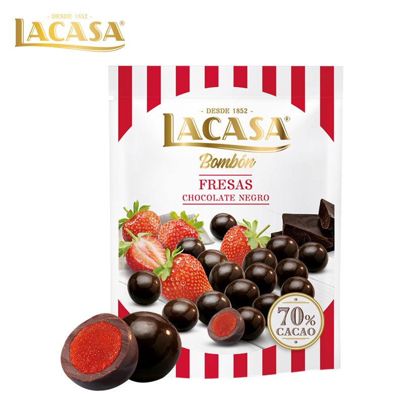 LACASA乐卡莎草莓牛奶扁核桃夹心黑巧克力制品西班牙原装进口125g