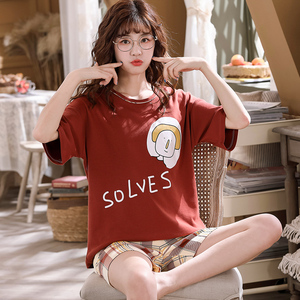 睡衣女夏季纯棉短袖短裤简约可爱春秋薄款两件套装女士夏天家居服