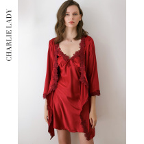 Morning robe female bride red wedding pajamas Spring and Autumn ice silk wedding nightgown newlywed home dress This year