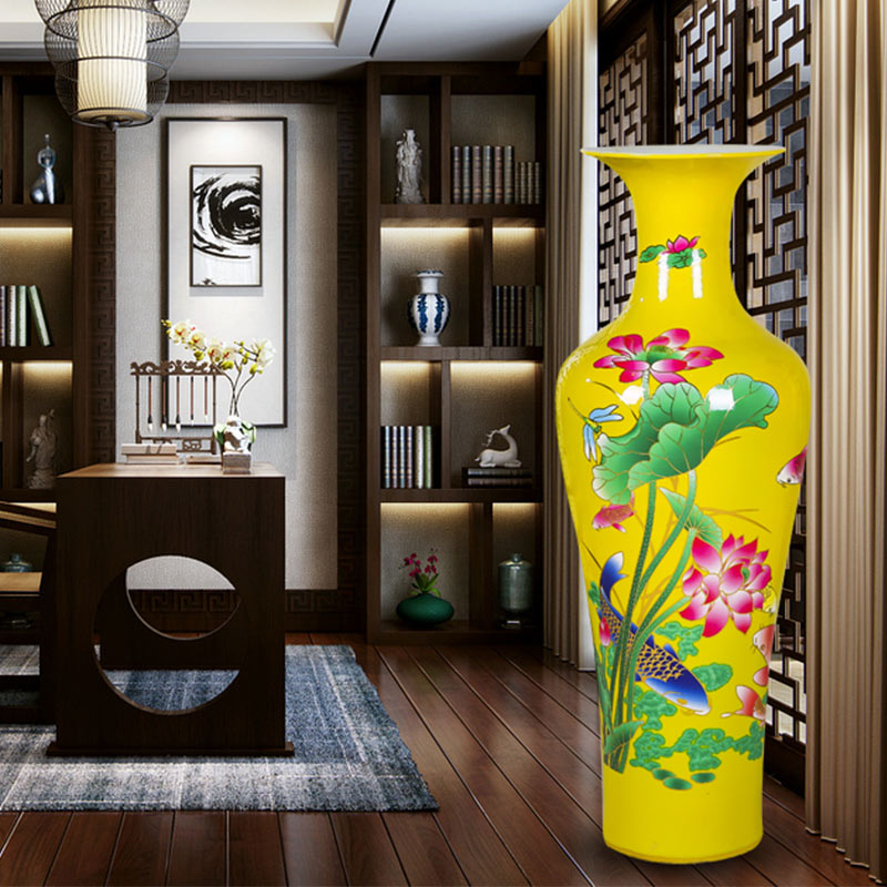 Jingdezhen ceramics landing a large vase hotel living room home furnishing articles lotus flower arranging red and yellow decorations