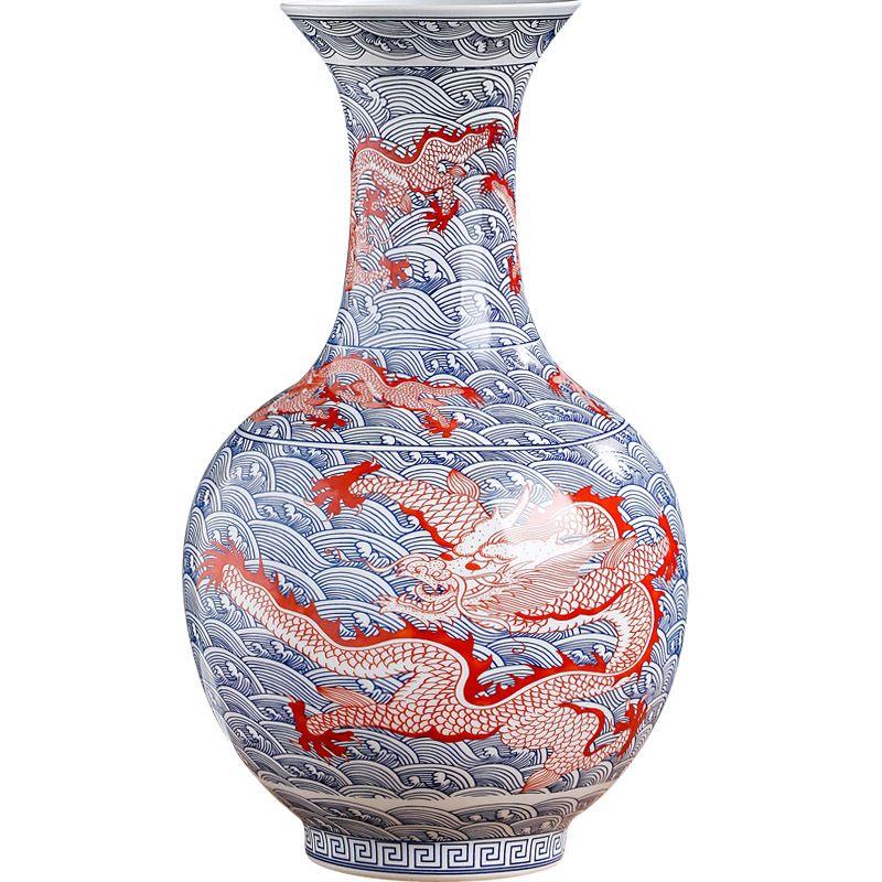 Blue and white porcelain of jingdezhen ceramics youligong red dragon grain vase furnishing articles home sitting room flower arranging handicraft ornament
