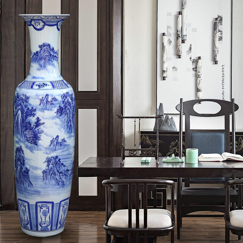 Blue and white landscape painting village jingdezhen ceramics hand - made dawn rhyme of large vases, home sitting room hotel furnishing articles