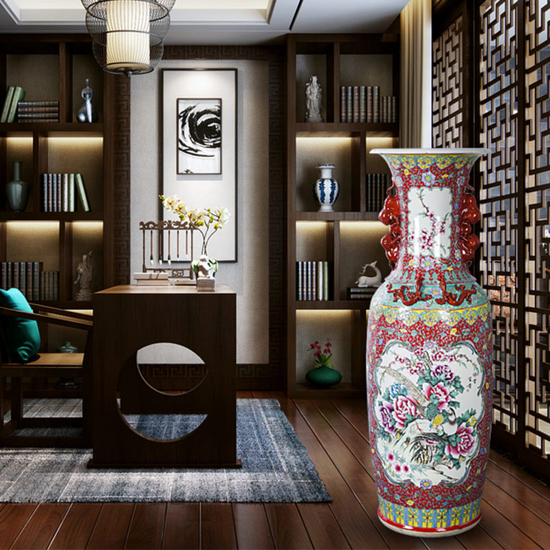 Hand - made powder enamel golden pheasant ears landing big vase jingdezhen archaize ceramic furnishing articles Chinese style decorates sitting room