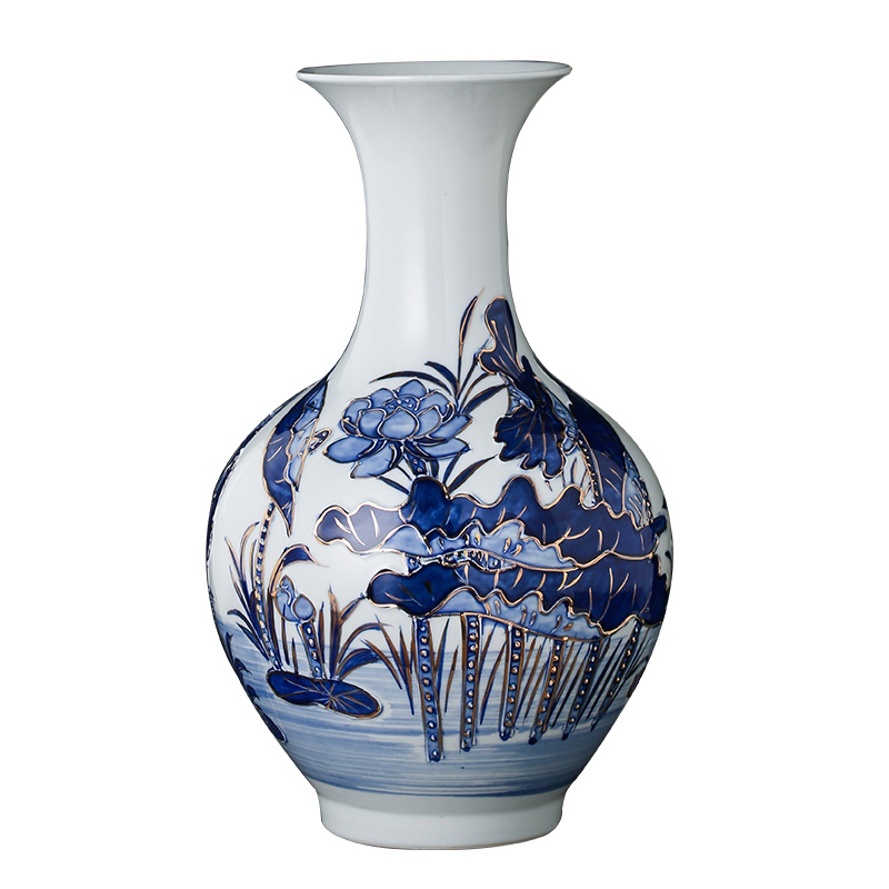 Jingdezhen chinaware paint hand - made embossed lotus of blue and white porcelain vase household adornment handicraft furnishing articles sitting room