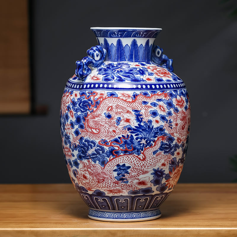 Jingdezhen ceramic retro blue and white porcelain dragon vase decoration place to live in the sitting room porch flower arranging housewarming gift