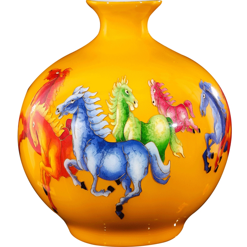 Jingdezhen chinaware big vase mesa of golden yellow horse figure sitting room place decorative bottle bottle decoration process