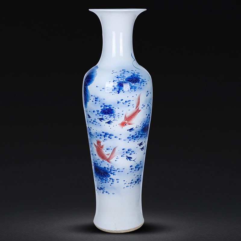 Jingdezhen ceramic floor big hand blue and white porcelain vase furnishing articles peony lotus sitting room of Chinese style decoration decoration