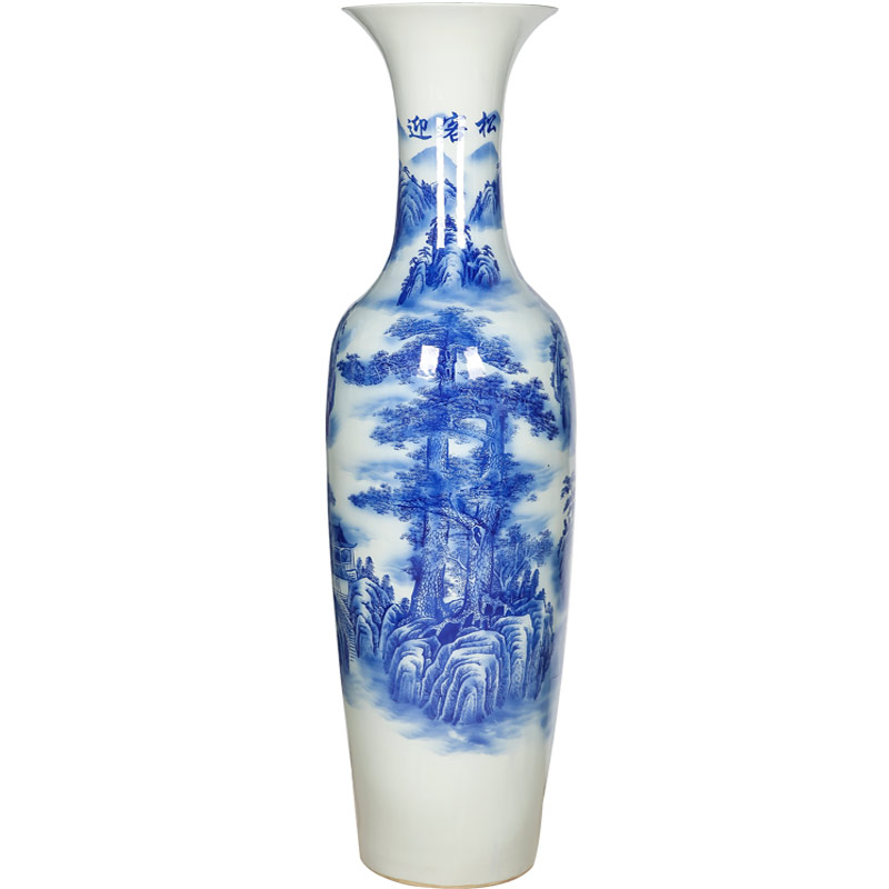 Blue and white porcelain of jingdezhen ceramics guest - the greeting pine landing big vase I sitting room adornment opening furnishing articles gifts