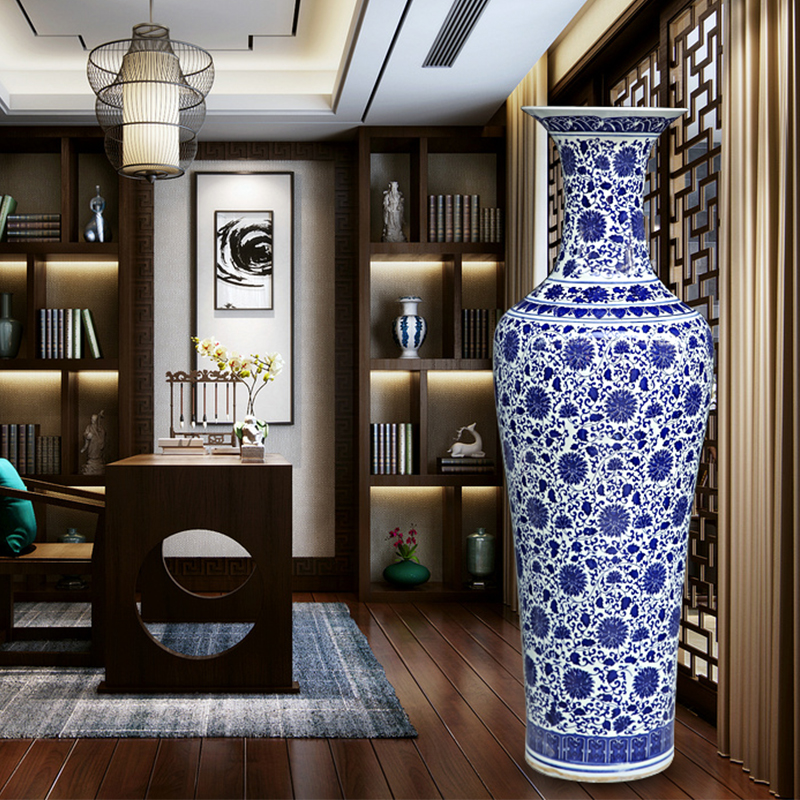 Archaize of jingdezhen blue and white porcelain scenery around branch lotus village ceramic vase of large household decoration to the hotel furnishing articles