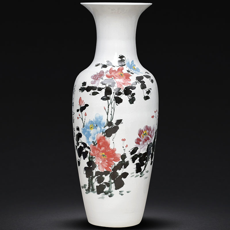 Jingdezhen ceramics painting landing big vase high furnishing articles of Chinese style living room painting peony open bamboo adornment