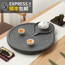 Rock art whole piece of natural black gold stone tea plate Household living room modern simple drainage tea sea round creative small tea table