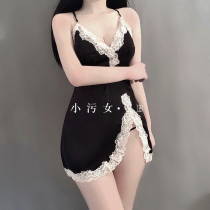 Small Stains Girl Sexy Harness Pyjamas Deep V Sleeping Dresses Lace Splicing Summer 2021 New Open Fork Tempting Home Clothes