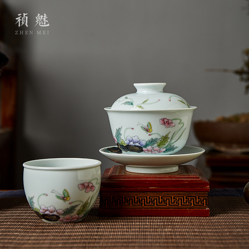 Shot incarnate the jingdezhen ceramic hand - made corn poppy three just tureen large kung fu tea tea bowl cover cup