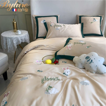 Bylure Tencel four-piece nude sleep summer European silky cool simple cartoon quilt quilt cover bedding