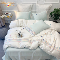 Bylure hipster four-piece pastoral style simple solid color Tencel summer cool feeling single quilt cover bedding