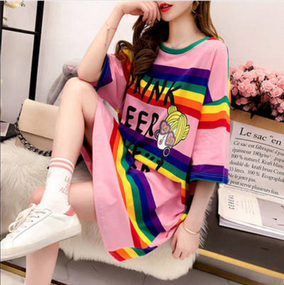 100元券网红彩虹条纹中长款t恤用券3990元包邮