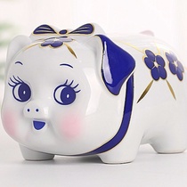 Fashion cute little pig ceramic piggy bank bank savings jar blue and white porcelain piggy bank pure handmade art gift ornaments female