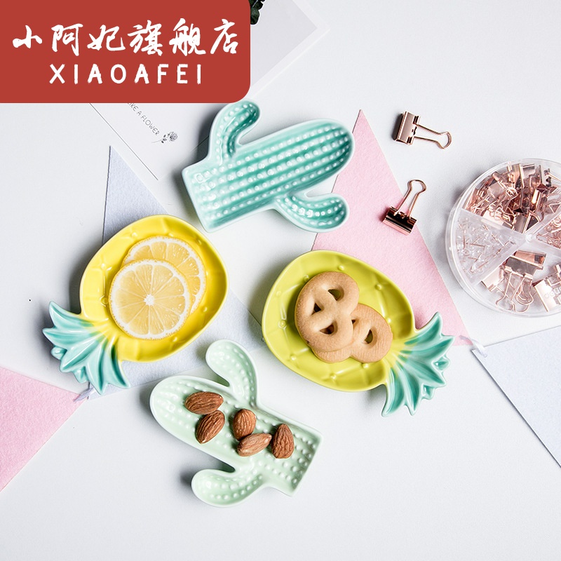 Cartoon creative ceramic tableware glaze cactus snack plate sweet pineapple plate household dessert plate fruit dish