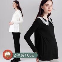 Pregnant t-shirt womens cotton medium-long lace collar loose large size age-reducing maternity clothes out of pregnant womens tops autumn models