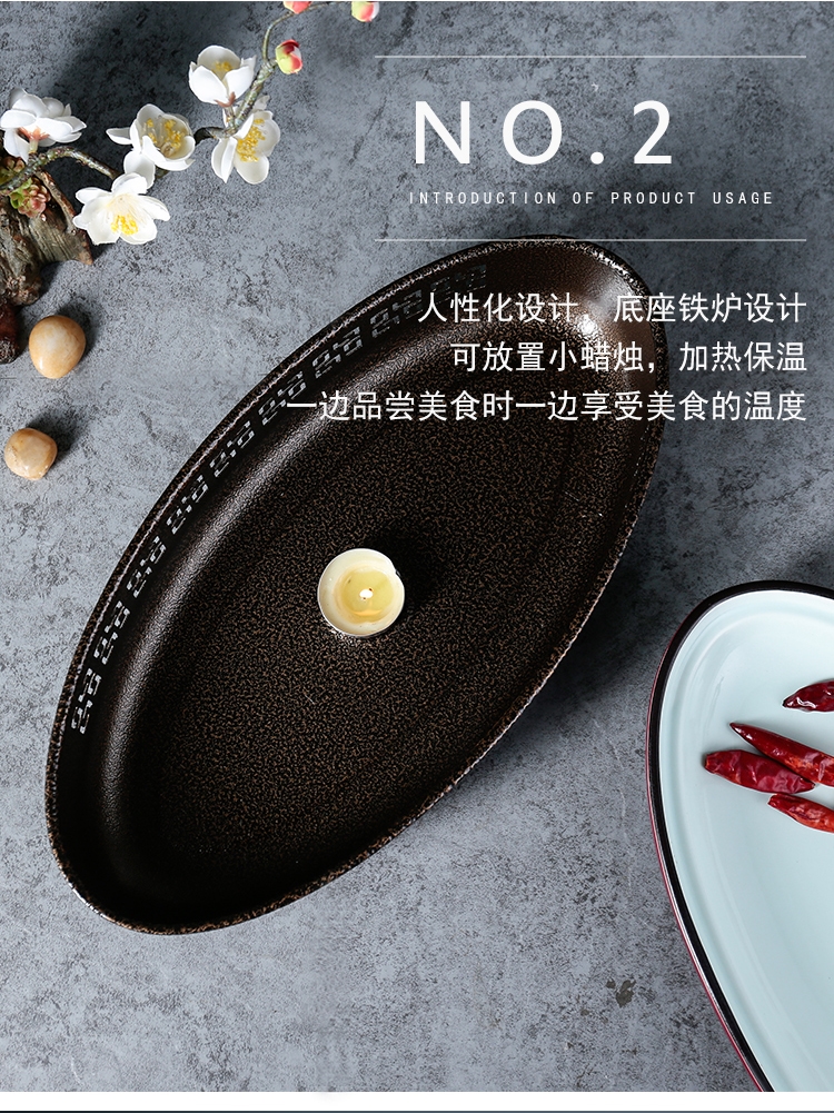 New Chinese style oval ceramic steamed fish plate of restoring ancient ways, wrought iron large thermal heating furnace operation of tableware bag in the mail