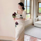 White satin rose dress high-end slim slit Hepburn dress long skirt pure summer temperament ladies White satin rose dress high-end slim slit Hepburn dress long skirt pure summer temperament ladies