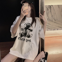 Large size white short sleeve t-shirt women Summer ins tide loose bear print long casual half sleeve clothes tide