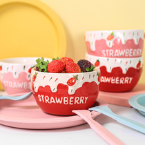 Creative Cute Strawberry Ceramic Bowl Salad Bowl Day Style Bowl Individuality Teenage single Home Student Bowls Cutlery
