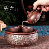 Retro Bronze Ware Purple Sand Small Tea Set Original Mine Zhu Clay Water Storage Pan Kongfu Tea Fitting Teapot Dry Foam Table