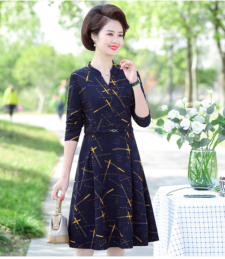 中老年夏天新款中年女士裙子长袖矮个子四五十岁妈妈连衣裙洋气