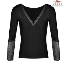 Lace long sleeve thermal underwear women thick plus velvet low neck tight body wearing base shirt with chest pad winter