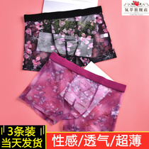 Ultra-thin mens ice silk boxer underwear super large size breathable fat full transparent four corner shorts head Summer