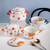 Creative binaural ceramic bowl with lid cute Japanese bowl cartoon Home bubble instant noodle bowl personality large