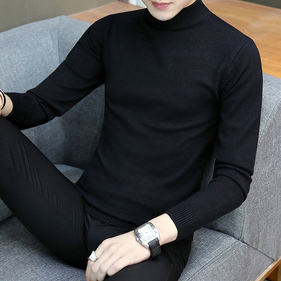 Autumn and winter men's sweater semi -high -neck knitted bottoming shirts with trendy students to repair pure black lines Autumn and winter men's sweater semi -high -neck knitted bottoming shirts with trendy students to repair pure black lines