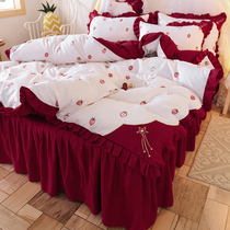 Princess style bed skirt four-piece set girl heart double quilt cover quilt cover small fragrance cotton cotton bed cover bedspread style