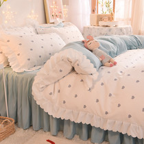 Korean bed skirt four-piece set AB lace quilt cover cotton solid color bed sheet bedspread style princess wind girl heart bed skirt