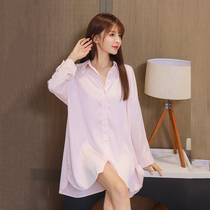 Pink Long Cash Shirt Sleepwear Woman Summer 2021 Spring Autumn New Loose Long Sleeve Shirt Sexy Ice Silk Sleeping Dress