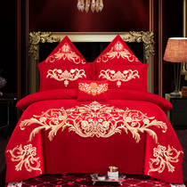 Bed four sets of wedding red wedding bed products All cotton pure cotton wedding with six 80 pieces of quilted quilt Hei quilt