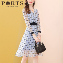 Ports' French V-collar snow-collar dress female spring 2021 new long-sleeved downage