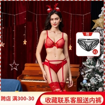 Transparent red Christmas lingerie suit French style sexy deep v lace bra hanging socks with silk socks Temptation Spice