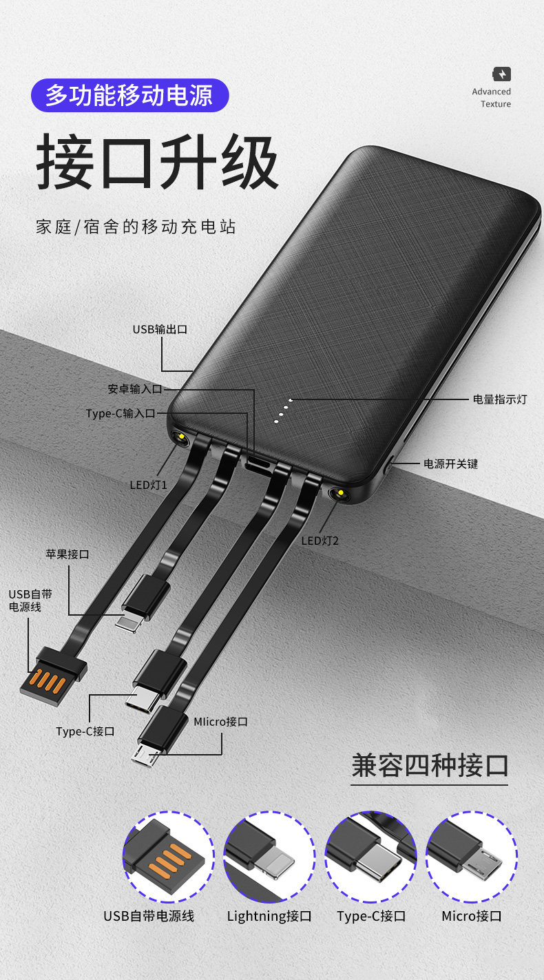 手机充电宝10000毫安通用移动电源带线定制设计logo印字企业公司年会