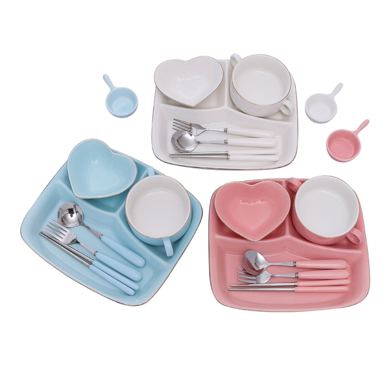 Ceramic frame plates children tableware breakfast tray sets students FanPan home three separate plate of western - style food plate