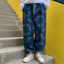 No no bear letter graffiti jeans men and women loose ins tide street tide brand wide-leg pants hip-hop trousers