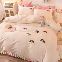 Net red embroidery girl heart four-piece bed skirt non-slip Princess wind nude sleeping Cotton Cotton solid color quilt cover lace