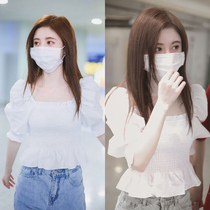 Ju Jingyi star with the same square neck puff sleeves niche design shirt womens summer waist short T-shirt top women