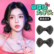 Butterfly bowed pills head wigs with female cute simulation hair hot girl lazy disk fluffy wigs