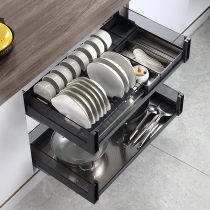 Cabinet pull basket kitchen black 304 stainless steel double layer three buffer drawer type seasoning rack dishes tempered glass